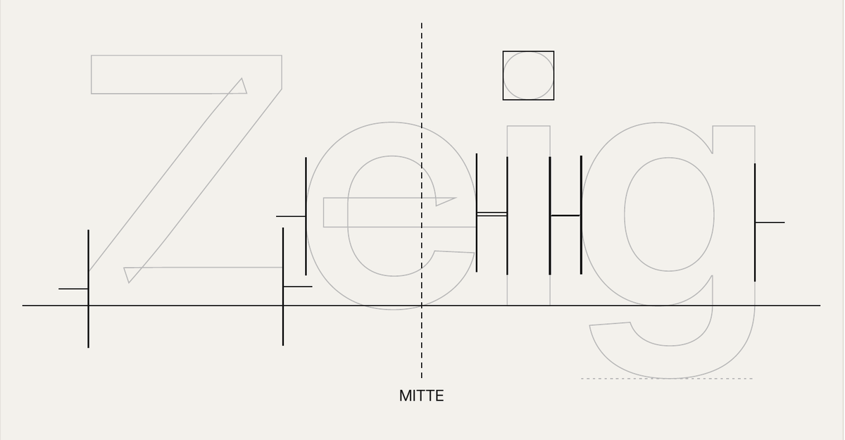 Schematische Darstellung der lettra Montagevorlage: durchgehende Grundlinie, Kantenmarken für jeden Buchstaben, Kästchen für den i-Punkt, gestrichelte Fußlinie und Markierung der Wortmitte.
